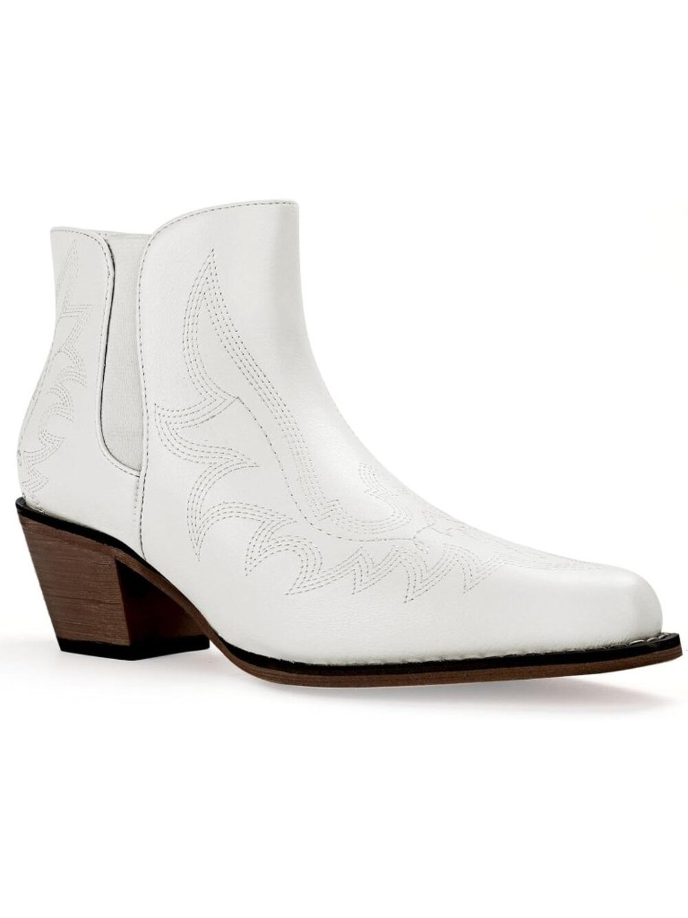 Women's White Short Ankle Cowboy Boots Western Fashion Embroidered Chunky Heel